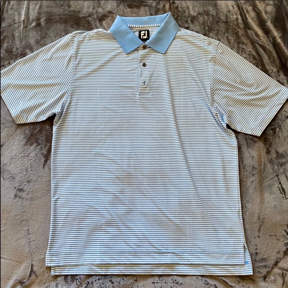 Men’s blue and white striped FootJoy polo, Size L